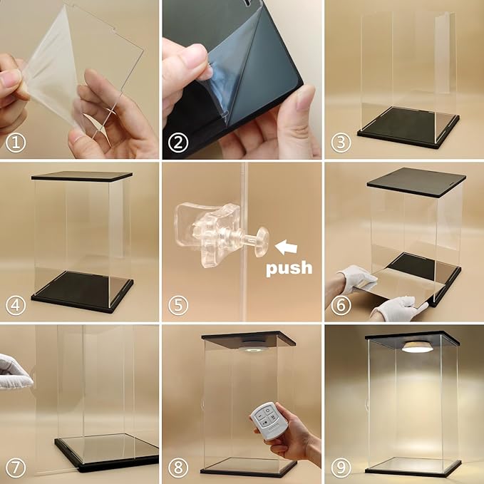 NONEMEY Clear Acrylic Display Case with Remote Control Light for Collectibles, Dustproof Model Showcase Organizer Box, Display Case for Collectibles (10.2x9.4x13.4inch,26x24x34cm)