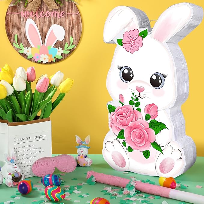 Bunny Egg Piñata with Blindfold, Bat and Filler, Funny Cute Party Favors for Cute Birthday Piñata Egg Theme Kids and Adults Party Supplies Decoration