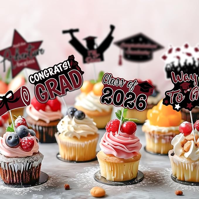 2026 Graduation Cupcake Toppers - 48 Pcs Maroon Graduation Party Supplies Mini Cake Food/Appetizer Picks For Class of 2026 Graduation Decorations