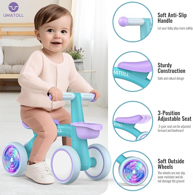 Umatoll Colorful Lighting Baby Balance Bike Toys for 1 Year Old Boys Gifts, Adjustable Seat Baby Walker, One Year Old Boy Birthday Gifts, 12-24 Months Toddler First Ride on Toys with Removable Basket