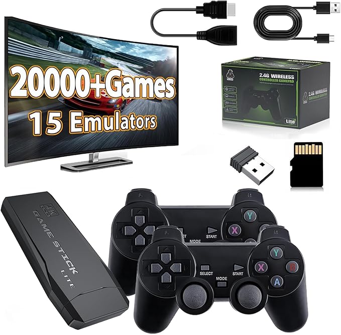 Wireless Retro Game Console Stick Built-in 20000+ Games, Retro Game Stick 4K HDMI Output, Plug Play TV Video Gaming Stick with 2 2.4G Wireless Controllers, Gift for Easter