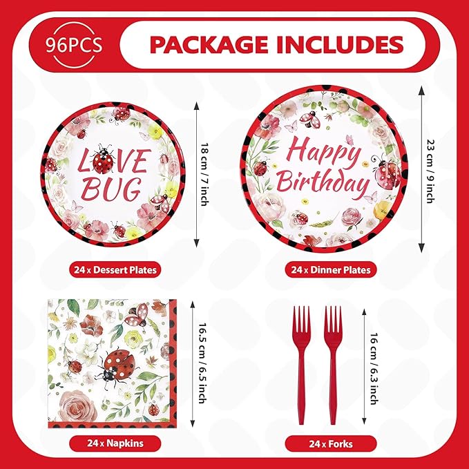 96Pcs Ladybug Birthday Party Supplies Cute Ladybird Birthday Plates and Napkins Cute Red Black Ladybug Theme Tableware Set for Kids Insect Theme Baby Shower Party Decorations Serves 24