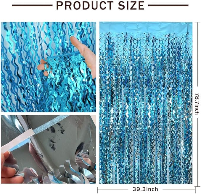 Blue Streamers Photo Backdrop Wave Foil Fringe Curtain Tinsel Backdrop Blue Birthday Parties Favor for Bachelorette, Frozen Birthday Ocean Themed Party Decorations Snow Flakes Decorating