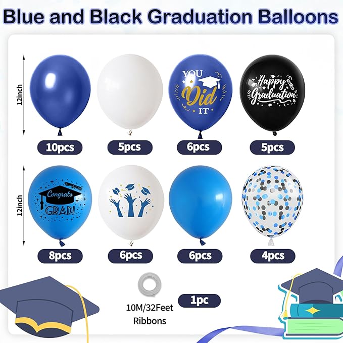 Blue Black White Graduation Balloons, 50 Pcs Congrats GRAD Cap Printed Balloons, 12 Inch Dark Navy Blue Black Confetti Latex Balloons Helium for Men Class of 2026 Happy Graduation Party Decorations