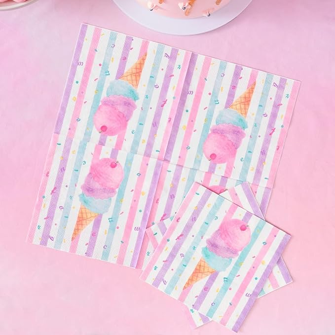 WERNNSAI Ice Cream Plates Napkins and Cups - Ice Cream and Popsicle Theme Party Supplies for Girls Birthday Disposable Tableware Dessert Plates Luncheon Napkins Serves 16 Guests 64PCS