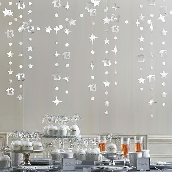 Silver 13th Birthday Decorations Number 13 Circle Dot Twinkle Star Garland Metallic Hanging Streamer Bunting Banner Backdrop Girls Boys 13 Years Old Birthday Thirteen Official Teenager Party Supplies