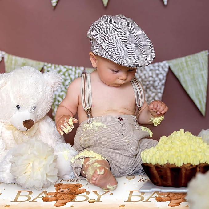 3PCS Bear Baby Shower Tablecloth, We Can Bearly Wait Teddy Bear Tablecloth Boho Brown Balloon Star Plastic Table Cover for Kids Birthday Party, Gender Reveal, Baby Shower, 51.2X 86.6inch