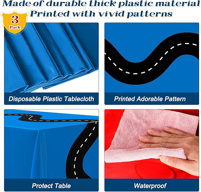 Irenare 3 Pcs Racing Table Cloths Car Birthday Party Supplies 54 x 108 Inch Racetrack Table Runner Covers Disposable Rectangular Road Tablecloth for Kids Boy Car Theme Birthday Party Decor (Blue)
