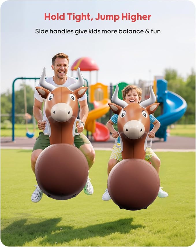 QPAU 2 Pack Large Inflatable Bull Hopper Bouncy Toy, 250lbs High Capacity Ride-on Animal for Kids & Adults, Soft Fabric Cover & Pump, Durable Puncture-Resistant Bouncer for Family Party Gift