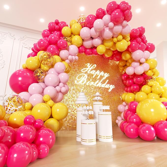 Pink and Yellow Balloons Garland Arch Kit 150Pcs - 5 10 12 18 inch Different Size Hot Pink Yellow Pastel Pink Balloons for Birthday Baby Shower Wedding Bee Bear Themed Party Decorations