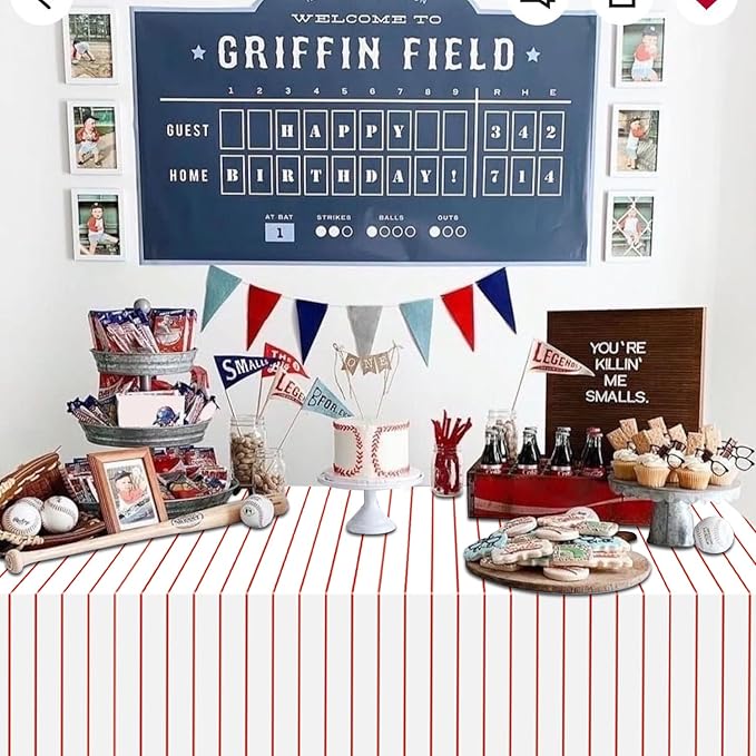4 Pcs Disposable Baseball Tablecloths, Waterproof Plastic Stripe Table Covers for Baseball Birthday Decorations, 51 x 86 inches
