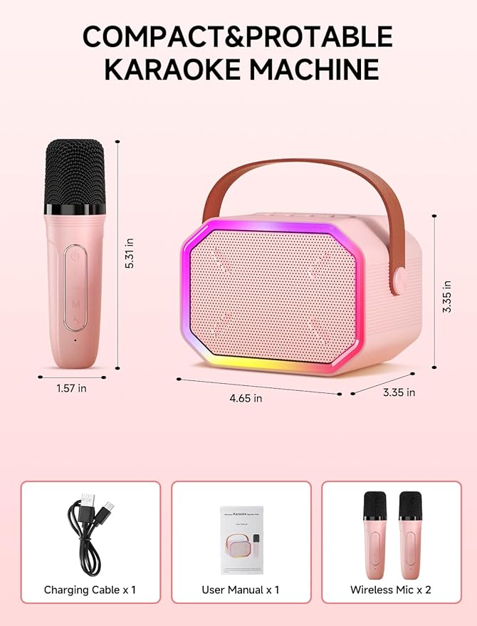 Karaoke Machine for Kids and Adults, Mini Portable Bluetooth Speaker with 2 Wireless Microphones, Kids Gift for Girls Boys Family Party Birthday (Pinkcolor)