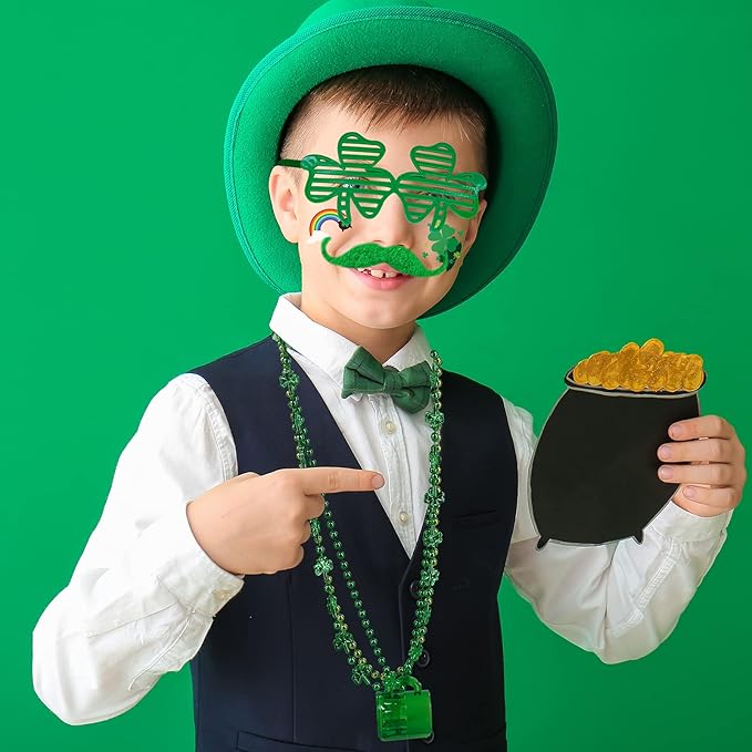 Winlyn Bulk St. Patrick's Day Novelty Jewelry Assortment St. Pat's Party Favors Supplies Shamrock Necklace Coins Head Bopper Bracelet Tattoo Mustaches Accessories for St. Patty's Day Irish Party Decor