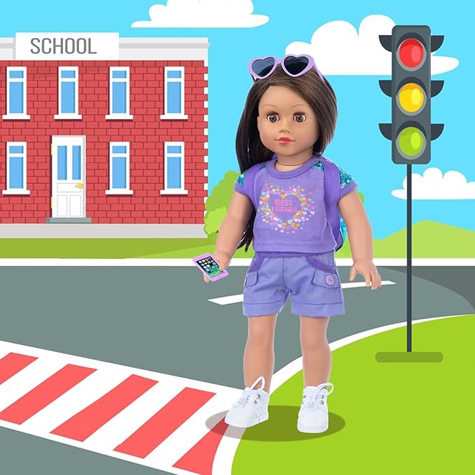 18 Inch Girl Doll Clothes and Accessories School Supplies Playset with Clothes Set, School Bags, Sunglasses, Pencils, Pencil Sharpener, Notebooks, Phone, Hair Clip, Stickers （No Dolls）