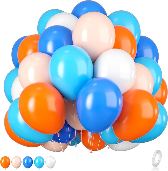 Orange and Blue Balloons, 12 Inch Orange White Blue Balloon Pastel Orange Royal Blue White Ballons with Ribbons for Birthday Baby Shower Graduation Engagement New Year Party Decorations