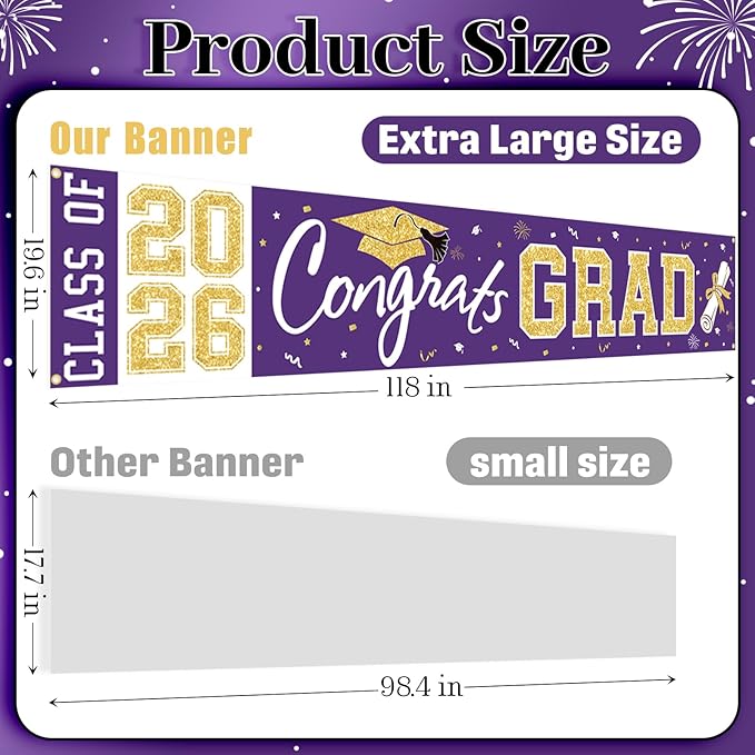 Graduation Banner Class of 2026 - Large Congrats Grad Yard Sign 2026 Purple Gold Congrats Grad Banner Fence Yard Sign for Graduation Decorations Party Supplies