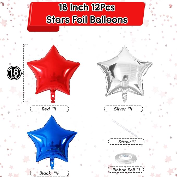 Blue Red Star Balloons, 18 Inch 12Pcs Navy Blue Red and Metallic Silver Stars Shape Foil Balloons, Helium Pentagram Balloon for Kids Cartoon Birthdays Graduation Baseball 4th of July Independence Day