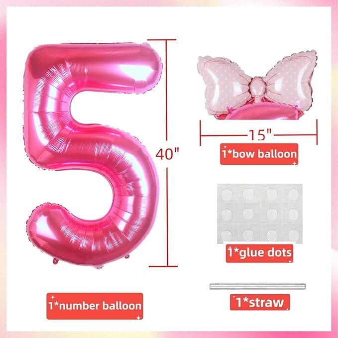 40 Inch Pink Number 5 Balloon with Mini Bow Balloon for Girls 5th Birthday Decorations, Pink Girl Princess Western Cowgirl Theme Birthday Party Balloons Decorations Supplies