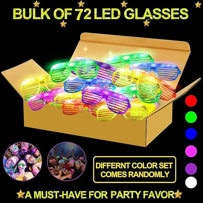 72 Pack LED Glasses Easter Basket Party Favors Light Up Glasses, Glow In The Dark Party Supplies Accessories for Kids Adult, Neon Glasses football Birthday Wedding Camp Care Pool carnival Party Favors