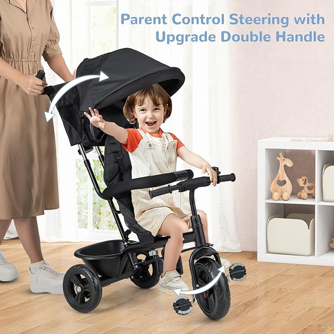 INFANS Kids Tricycle, 6 in 1 Baby Trike Toddler Bike with Reversible Seat, Adjustable Push Handle, Control Direction, Removable Canopy, Safety Harness, Belt, Storage, 9-60 Months (Black)
