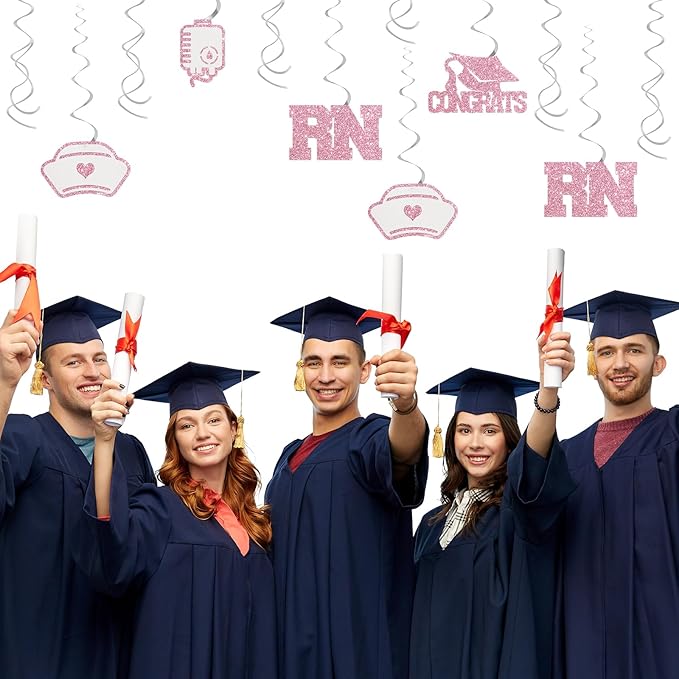 Nurse RN Graduation Hanging Swirl Decorations - Glitter 13 Pcs Nursing School Party Supplies - Medical Staff Streamers - Medical Nursing School Graduation Foil Swirls Ceiling Decorations Pink