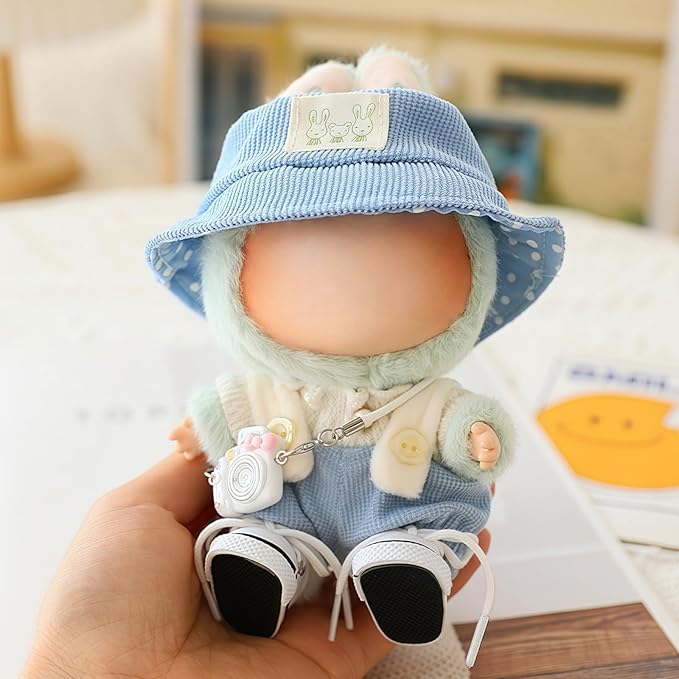 Clothes for Lu bubu 17cm Dolls Accessories(No Doll), Cute Outfit Set 5 Pieces Bib Pants for 17cm Doll Suit, Stylish Dress Up Overalls Doll Clothing Set Replacement with Hat Clothes Shoes Blue