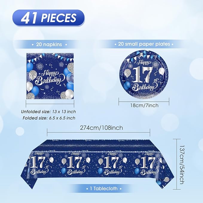 41 PCS 17th Birthday Decorations for Boys Girls Disposable Blue Sliver 17 Year Old Tableware Happy 17th Birthday Dessert Plates Napkins Tablecloth Set for 17 Year Old Teenage Boy Party Supplies