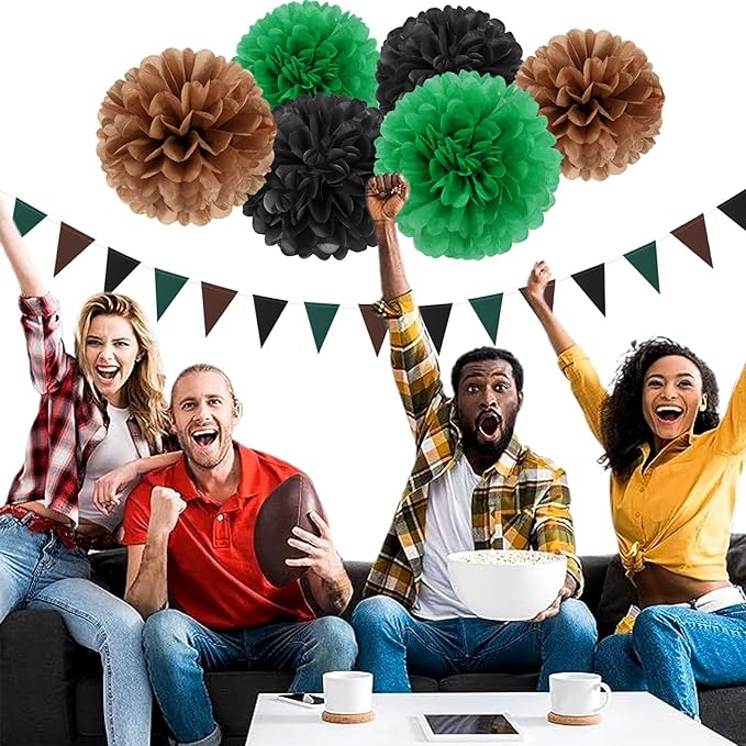 Green Black Brown Party Decorations - 23pcs Tissue Pom Poms Streamers,Football Woodland Baby Bridal Shower Tassel Garland Banner,Superbowl Birthday Hunting Camp Forest Jungle Decor Backdrop Ouruola