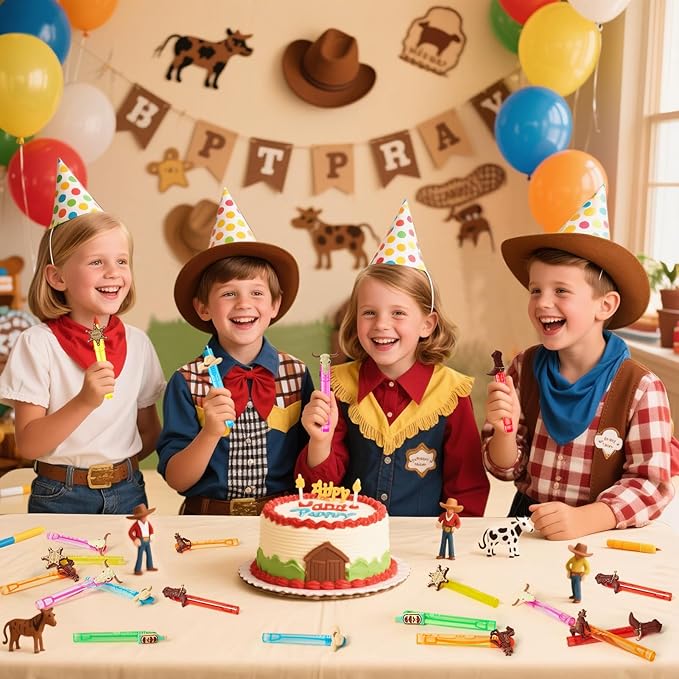 Winrayk Western Cowboy Party Favors, 24Pcs Self-designed Mini Bubble Wands for Kids Bubbles Bulk & Detachable Topper (6 Styles & Colors), Birthday Gift Pinata Filler Goodie Bag Stuffer Classroom Prize