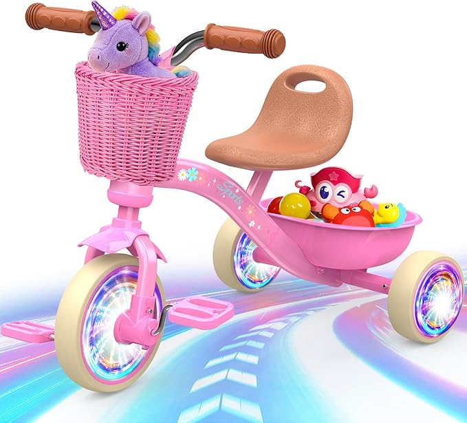 Toddler Tricycle for 1-3 3-5 Year Olds, 2 3 4 5 Year Old Girl Birthday Gifts, Pink Toddler Baby Bike, Outdoor Riding Toys for Ages 2-4, 4-Level Adjustable Seat, 3 Color Light Wheels, 2 Baskets