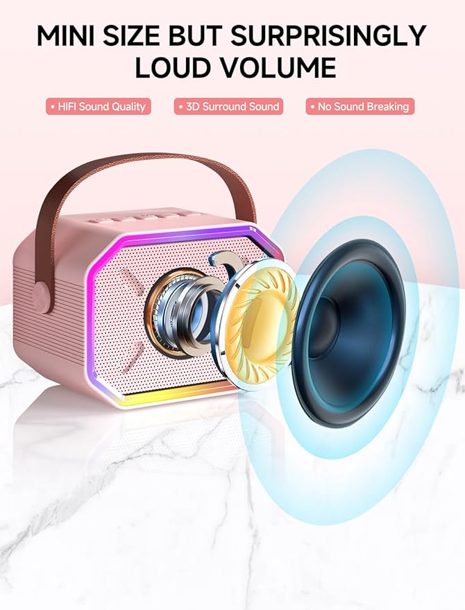 Karaoke Machine for Kids and Adults, Mini Portable Bluetooth Speaker with 2 Wireless Microphones, Kids Gift for Girls Boys Family Party Birthday (Pinkcolor)