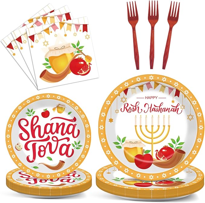 gisgfim 96 Pcs Rosh Hashanah Plates and Napkins Party Supplies Shana Tova High Holy Day Tableware Set Jewish New Year Party Decorations Favors for Kitchen Dining Room Serves 24