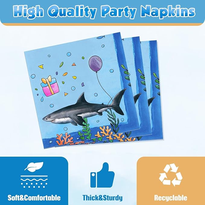 WERNNSAI Shark Birthday Party Decorations - 64PCS Shark Plates Napkins Forks Under the Sea Theme Party Supplies for Kids Boys Summer Baby Shower Birthday Decor Serves 16 Guests