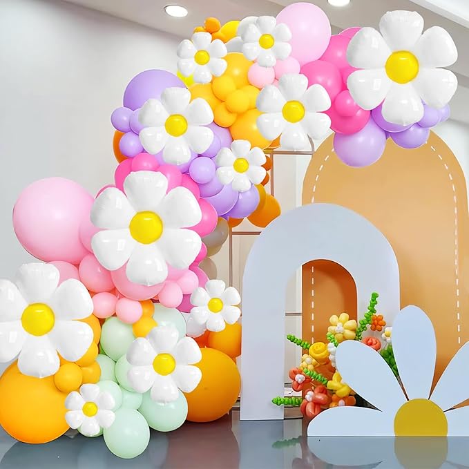 BTZO 16 Pcs Daisy Balloons, White Aluminum Foil Balloons for Birthday, Baby Shower, Wedding, Anniversary, Groovy Flower Theme Retro Hippie Party Decorations