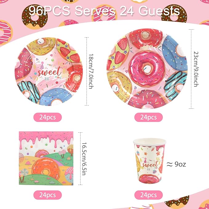 96Pcs Sweet One Birthday Party Decorations Donut Dessert Paper Plates and Napkins Cups Disposable for Girl Boy Donut First Birthday Decorations, Serve 24