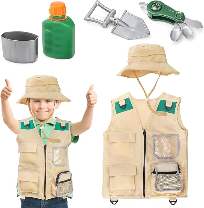 Coloch 5 Pcs Explorer Costume Kit for Kids, Kid Safari Outfit Set Children Pretend Play Costumes Including Cargo Vest, Hat, for Role Play as Zoo Keeper, Paleontologist, Park Ranger, for Boy& Girl 3-7