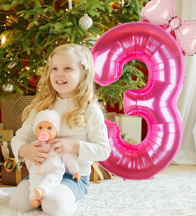 40 Inch Pink Number 3 Balloon with Mini Bow Balloon for Girls 3rd Birthday Decorations, Pink Girl Mouse Princess Western Cowgirl Theme Birthday Party Balloons Decorations Supplies