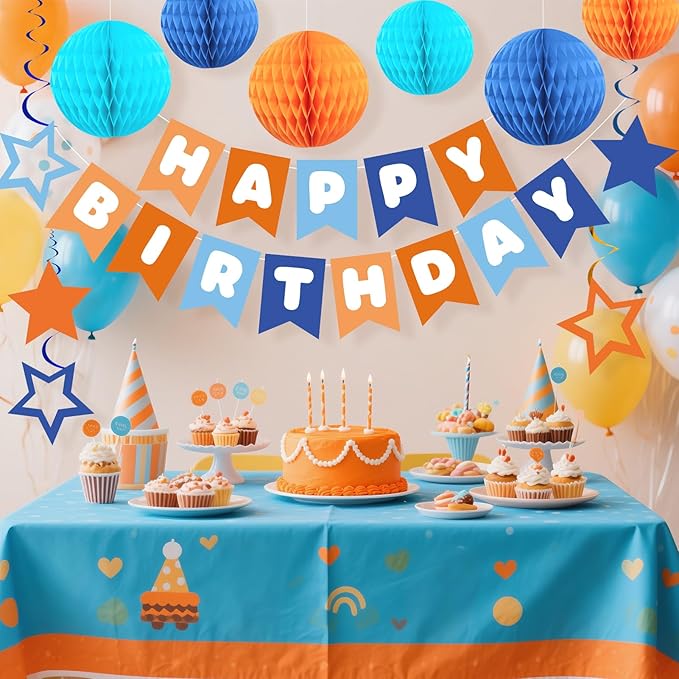 Happy Birthday Decorations for Boys, Blue and Orange Birthday Banner with Honeycomb Balls, Stars Hanging Swirl Streamers, Circle Dots Garland for Birthdays Party Supplies