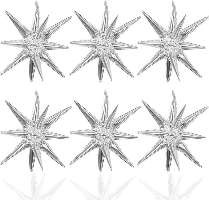 6 Pcs Silver Star Foil Balloons One-Piece 14-Pointed Star Balloon 4D Starburst Cone Mylar Balloon 22inch Christmas Birthday Wedding Wedding Anniversary Party Supplies(Silver)