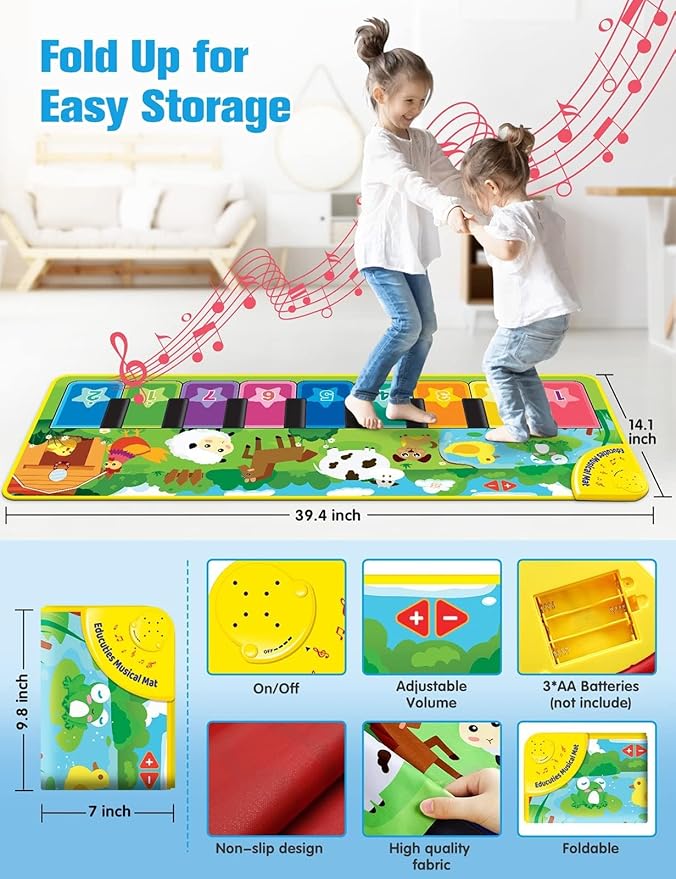 Baby Musical Learning Toys , Floor Piano Playmat for Toddlers with Animal Flash Cards Music Sound for Early Education Touch Keyboard Blanket Birthday for Baby Boys Girls