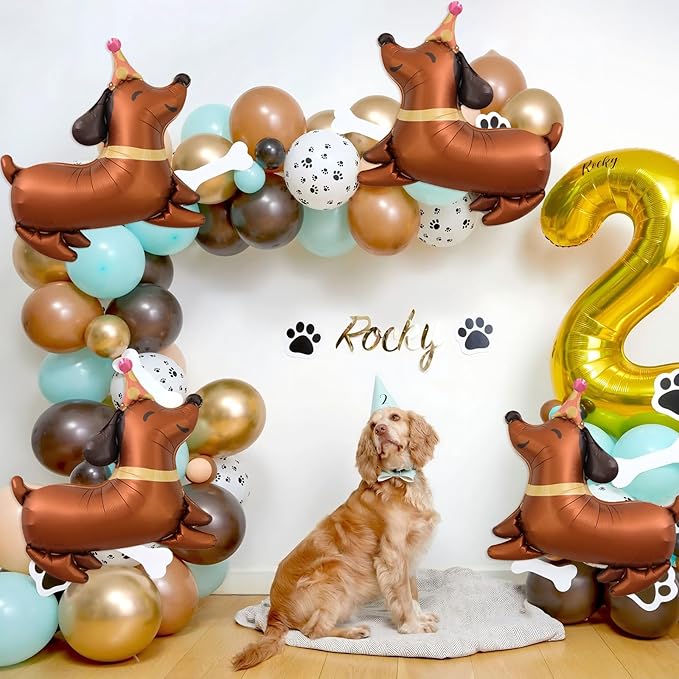 4 PCS Dog Balloons, Brown Dachshund Dog Balloon for Lets Pawty Dog Birthday Party Decorations Dog Birthday Party Supplies