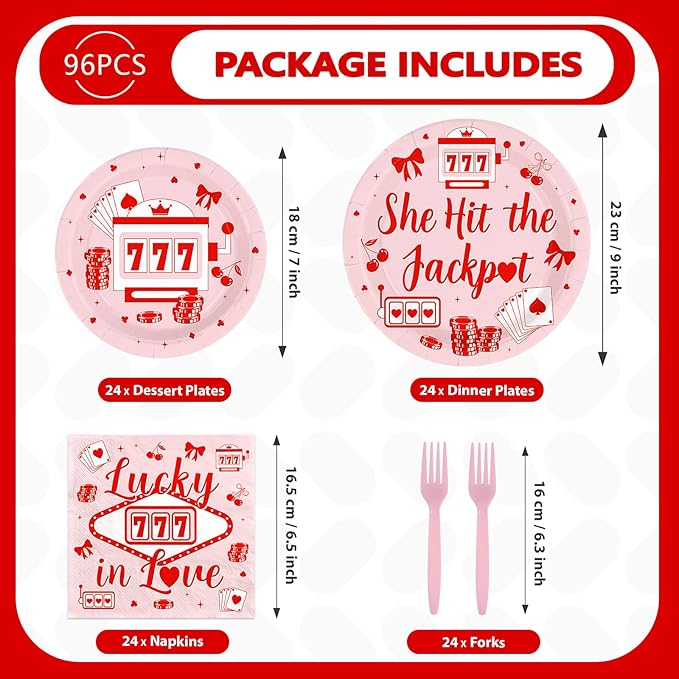 96Pcs Casino Themed Bachelorette Party Supplies She Hit The Jackpot Plates and Napkins Vegas Bachelorette Tableware Set for Girls Wedding Lucky in Love Engagement Party Decorations Serves 24