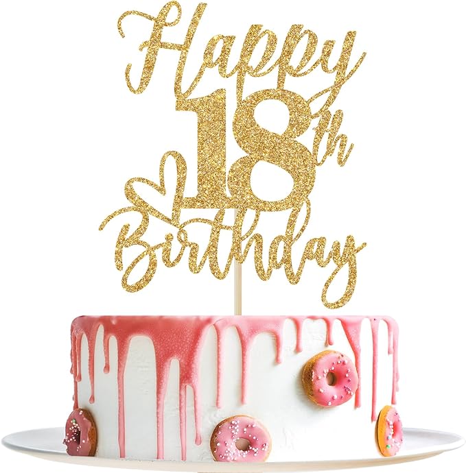 Gold Glitter Happy Birthday Cake Topper, Funny Happy Birthday Party Supplies (happy 18th birthday, Gold Glitter)