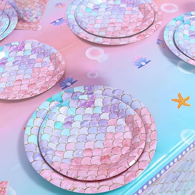 48 Pcs Mermaid Birthday Party Decorations Plates Set for 24 Guests,Little Mermaid Party Supplies Ocean under the Sea Party Tableware Plate for Princess Girls Baby Shower