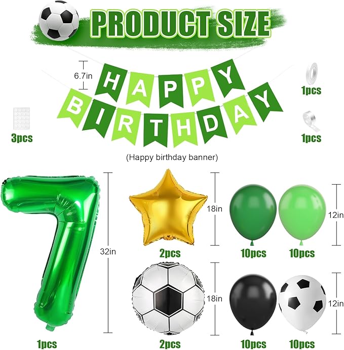 Soccer Party Decorations for Boys, 7th Soccer Birthday Decoration with Green Black White Balloons 'HAPPY BIRTHDAY' Banner Cake Toppers 32in Foil 7 Balloon for Boys Men Birthday Decor