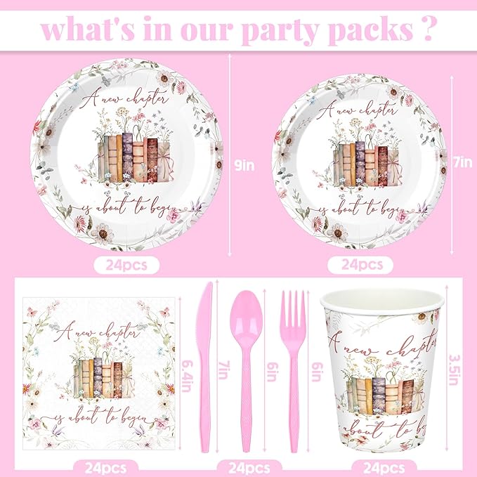 168 Pcs A New Chapter Is About to Begin Baby Shower Tableware Set, Storybook Baby Shower Decorations Floral Bridal 9" 7" Paper Plates Cups Napkins Party Supplies, Book Wildflower Dinnerware