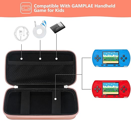 Supmay Carrying Case for GAMPLAE Handheld Game for Kids, 258 Retro Video Games Portable Gaming Player Storage Holder Travel Bag with Mesh Pocket for 3 Game Cards, Earphone,USB Cable, Rose Gold