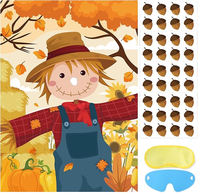 Hooqict Thanksgiving Games for Kids Party Pin The Nose on The Scarecrow Thanksgiving Activities Fall Festival Games Autumn Harvest Party Decorations, Large Pin The Tail Poster with 48 Stickers
