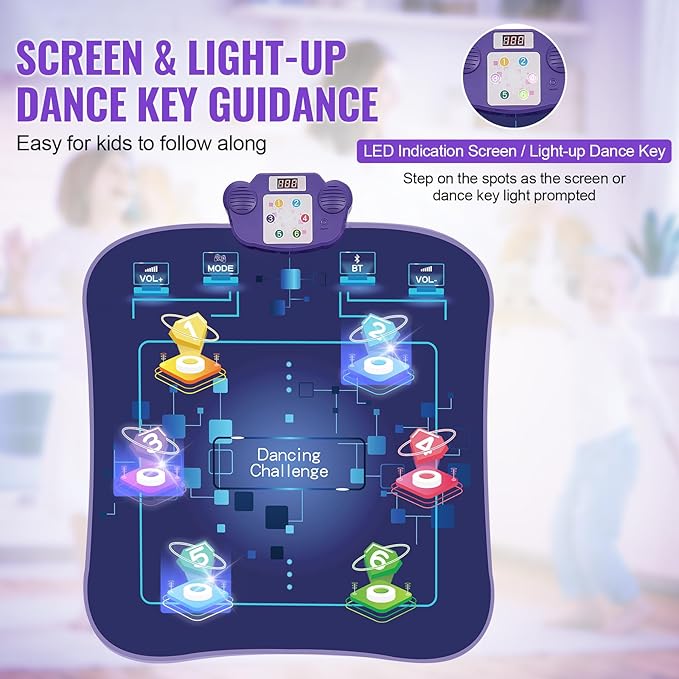 Happybuy Dance Mat, 6-Button Rhythm Step Play Mat, Electronic Pad with Wireless Bluetooth, LED Lights, 5 Game Modes, Adjustable Volume, Built-in Music, Toys Gifts for 3+ Year Old Girls