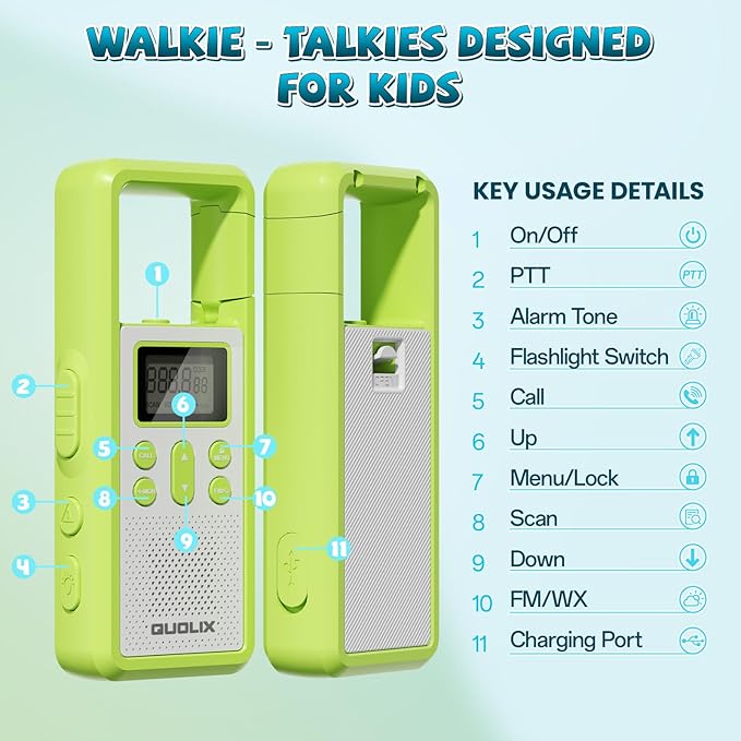 QUOLIX Kids Walkie Talkies 4 Pack Rechargeable with SOS Alarm/NOAA/VOX/Flashlight, Durable 1020mAh Battery Radios for 3-12 Year Old Boys Girls, Outdoor Camping Group Games Birthday Set